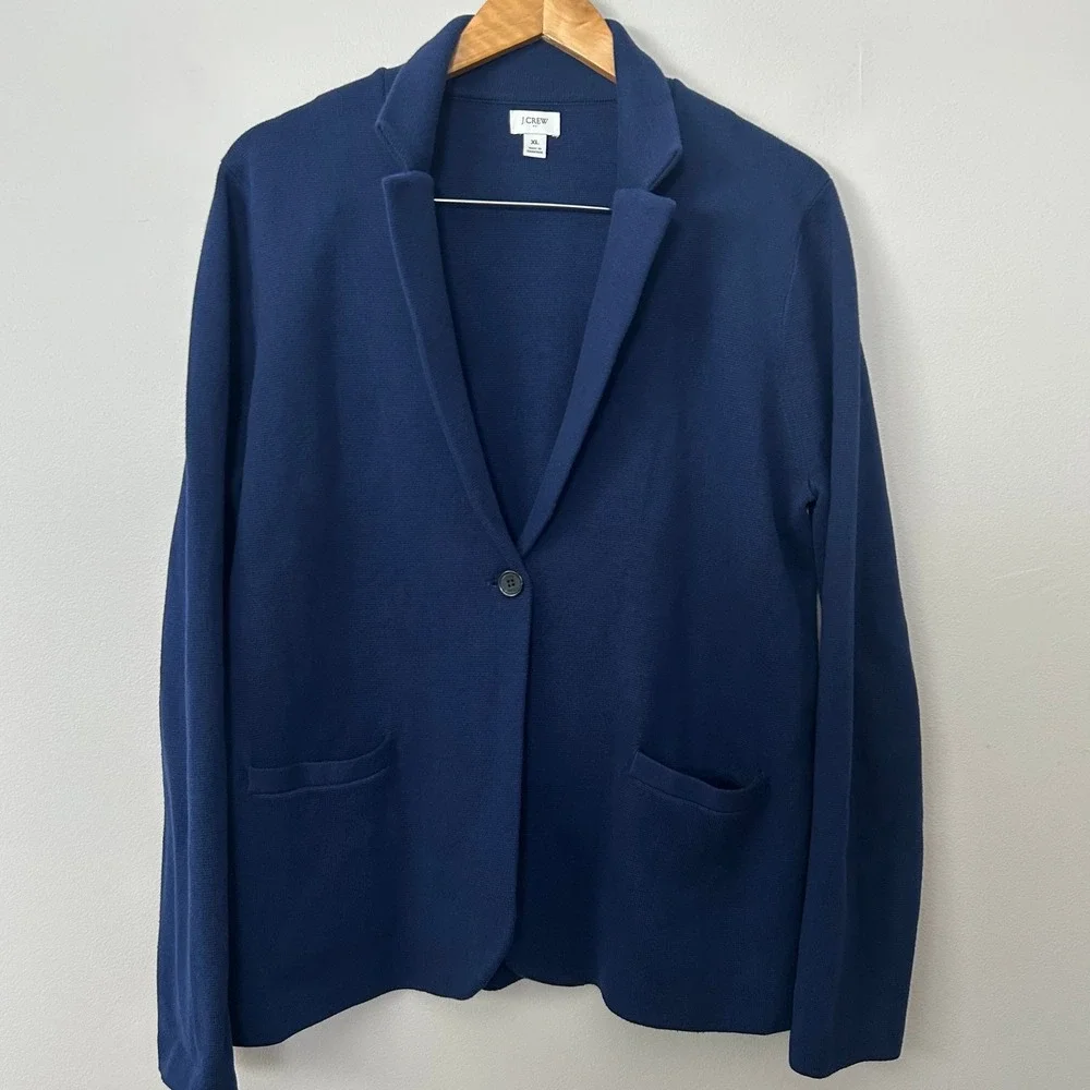 J.Crew Cecile Sweater Blazer Women XL Navy Blue Cotton Notch Lapel Single Button